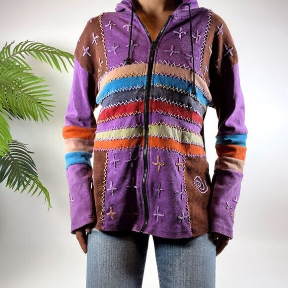 Vintage 90s Boho Fairy Grunge Striped Patchwork Hippie Hoodie Jacket / Size: M - Picture 2 of 3